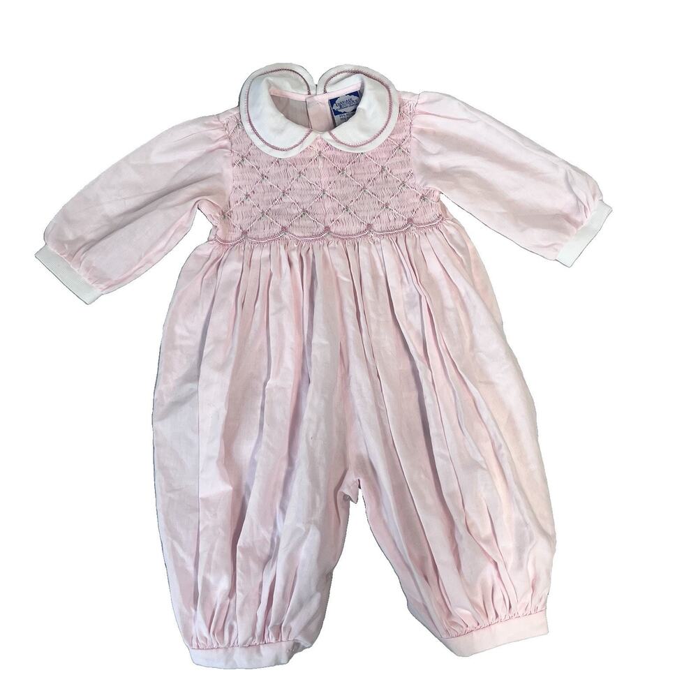Vintage Carriage Boutiques Girl's Romper size 9 M Pink Flowers Smocked Longalls